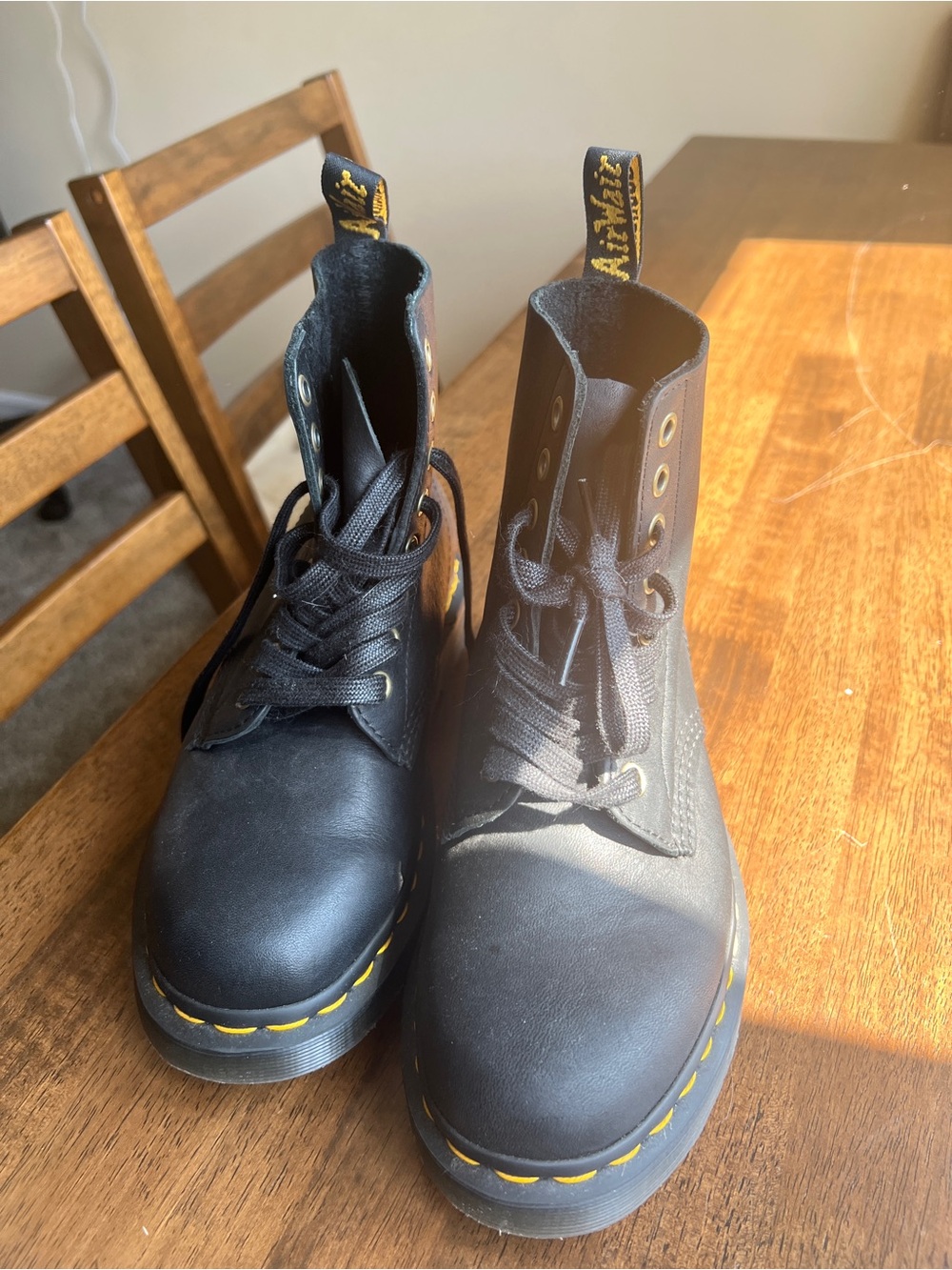 Dr. Martens Black Leather Lace-Up Boots with Yellow Stitching